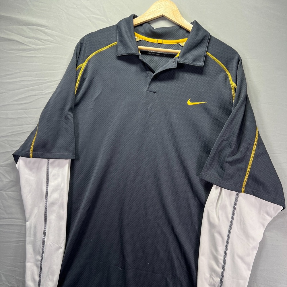 Nike Men's Black Polo with Yellow Accents and White Layered Sleeves